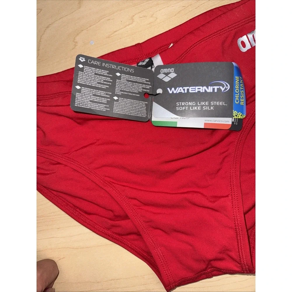 ARENA Men's BRIEF SWIMSUIT Sz 40 Red METALLIC SILVER Letters space F